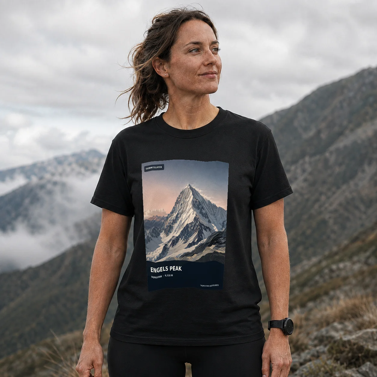 Black Pik Engel’sa T-shirt front with mountain artwork