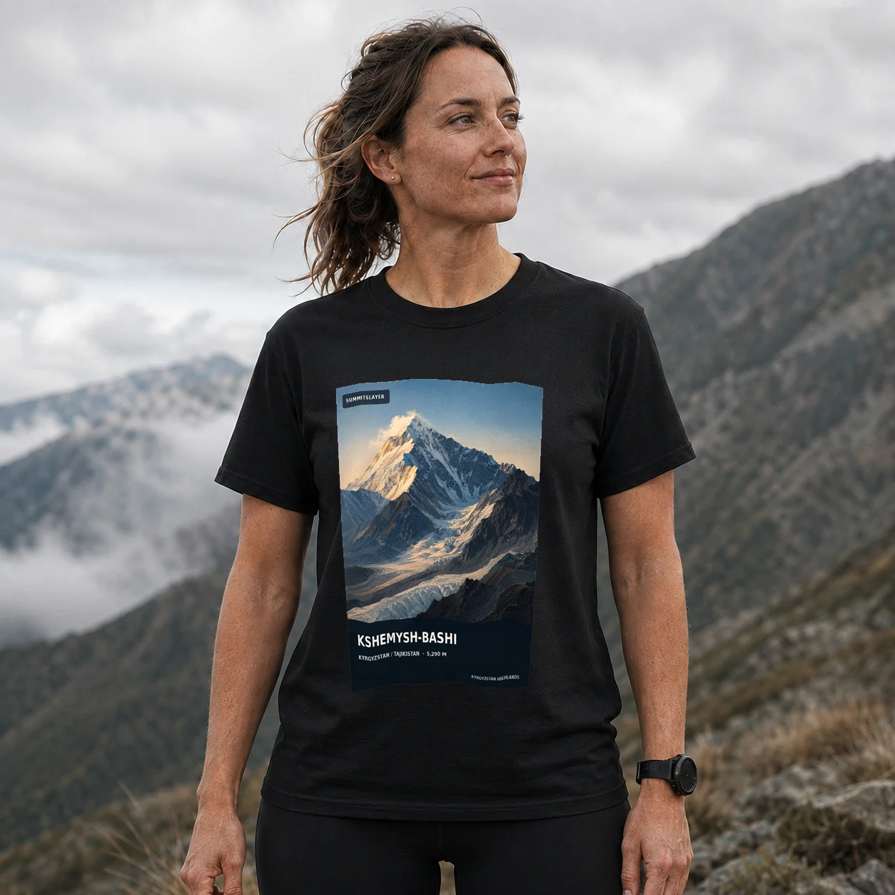 Black Pik Kshemysh-Bashi T-shirt front with mountain artwork