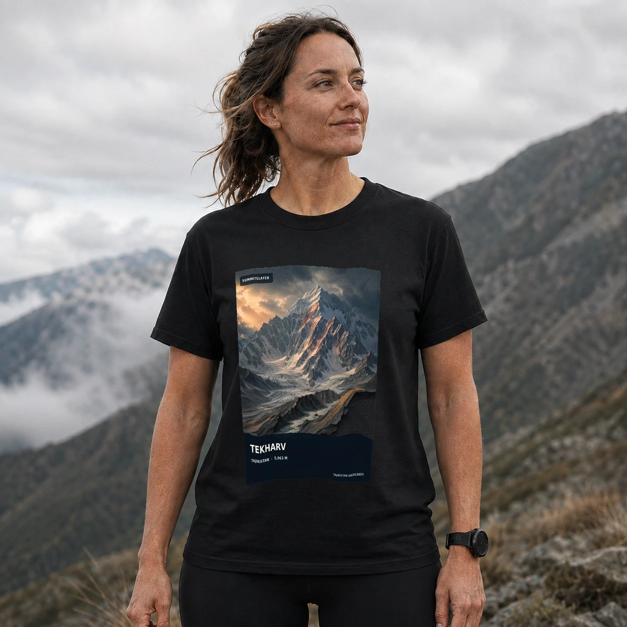 Black Qullai Tekharv T-shirt front with mountain artwork