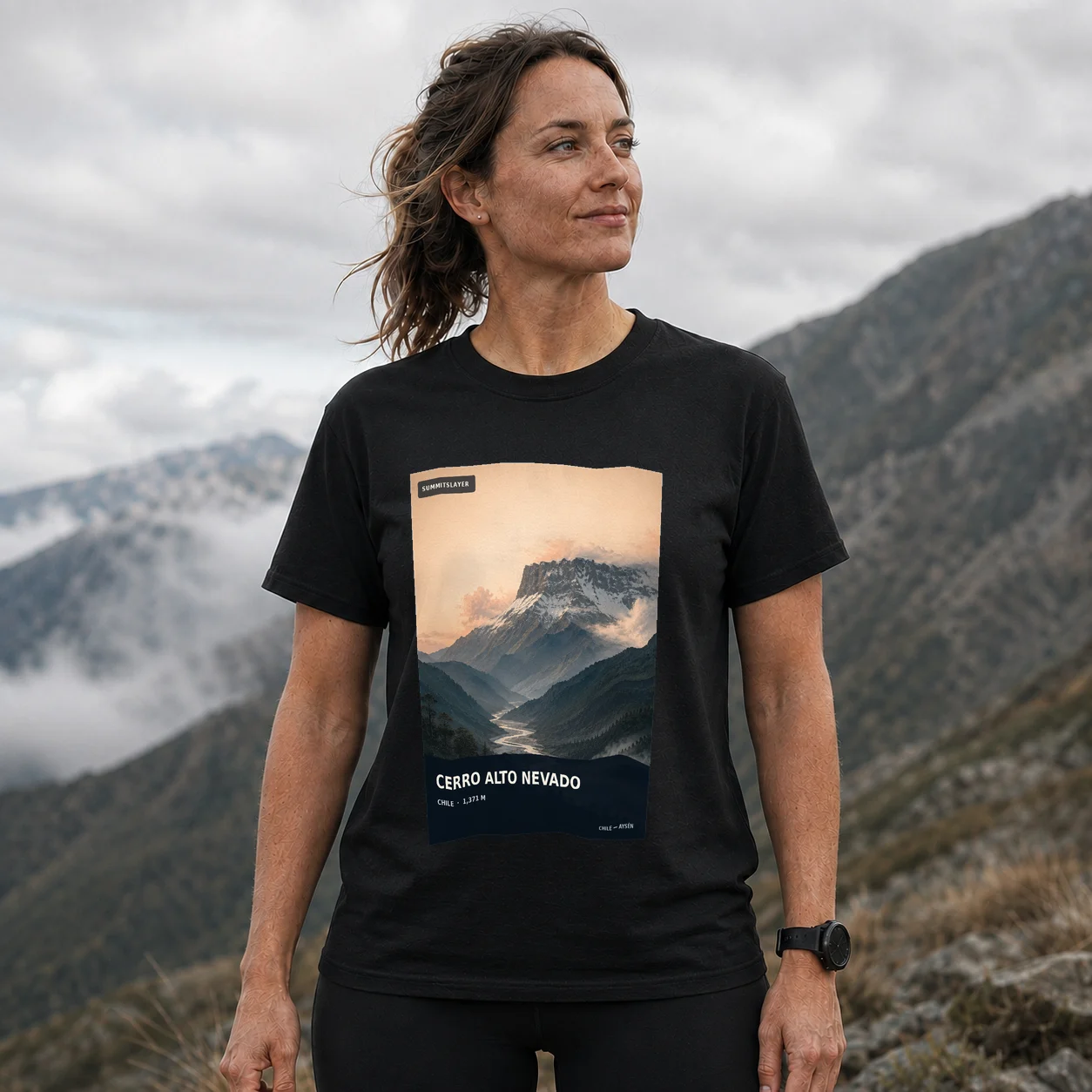 Black Cerro Alto Nevado T-shirt front with mountain artwork