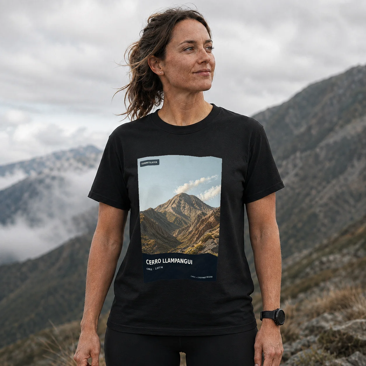 Black Cerro Llampangui T-shirt front with mountain artwork