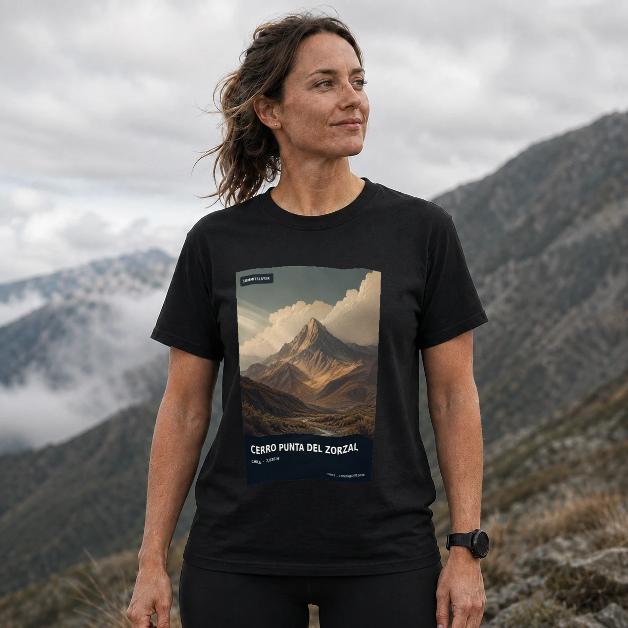 Black Cerro Punta del Zorzal T-shirt front with mountain artwork