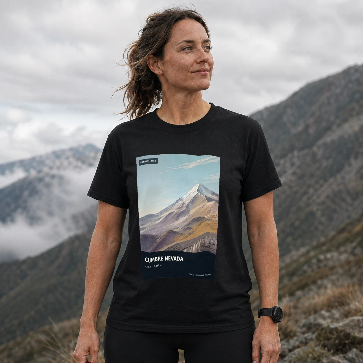 Black Cumbre Nevada T-shirt front with mountain artwork