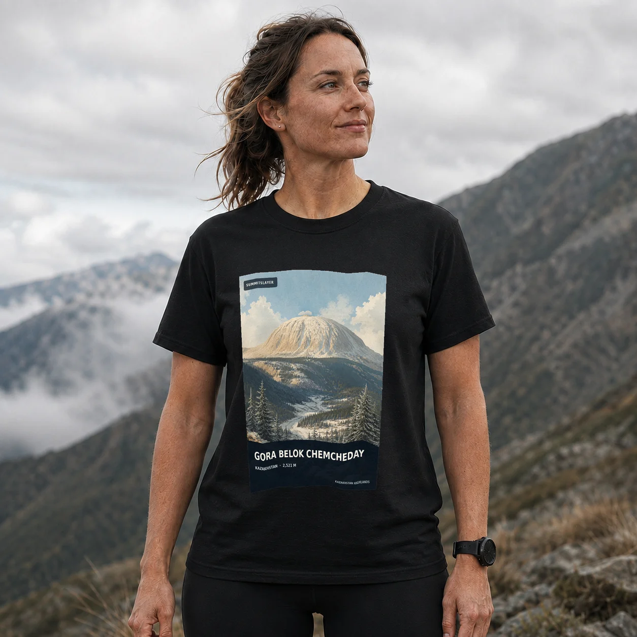 Black Gora Belok Chemcheday T-shirt front with mountain artwork