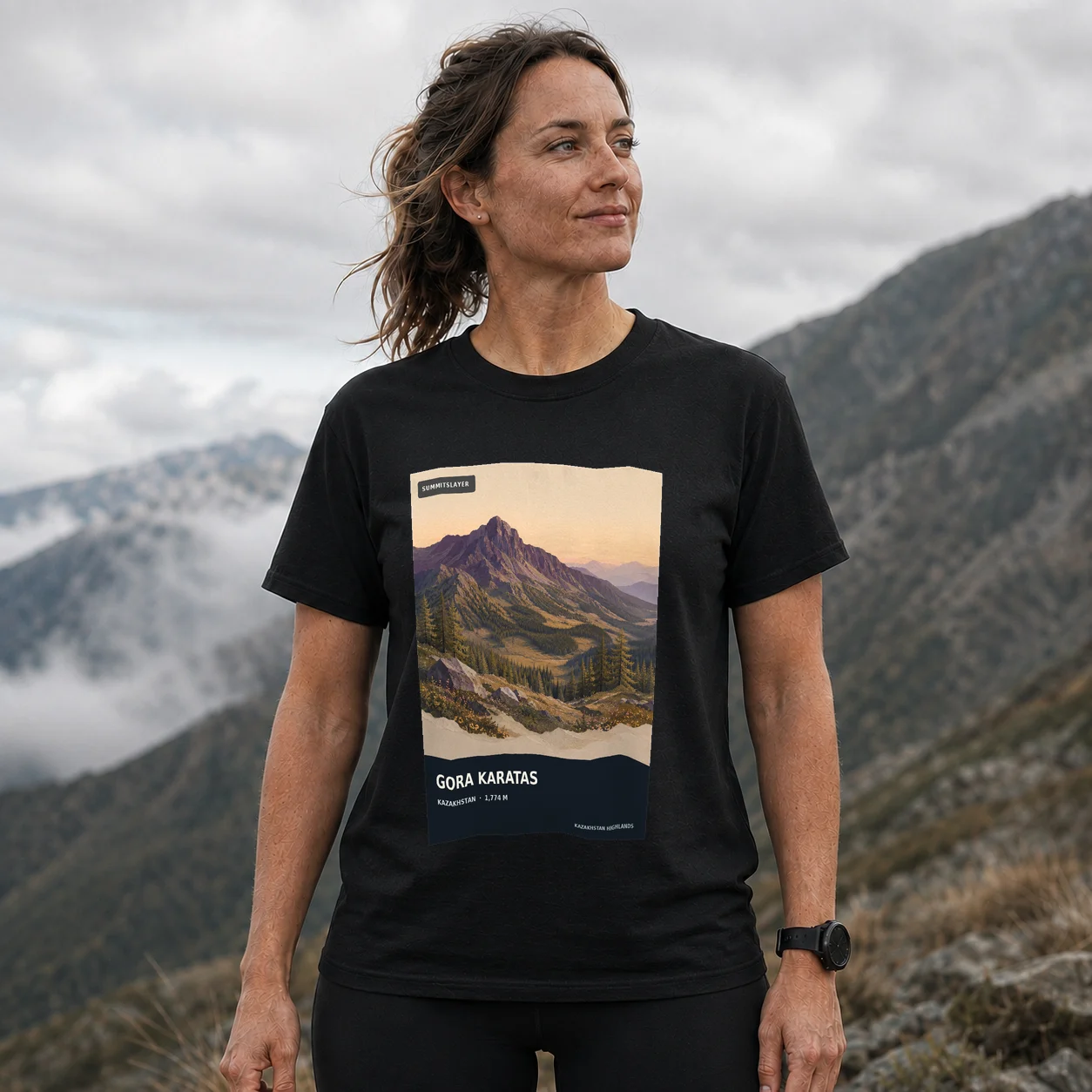 Black Gora Karatas T-shirt front with mountain artwork
