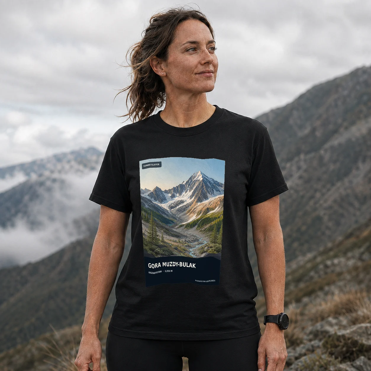 Black Gora Muzdy-Bulak T-shirt front with mountain artwork