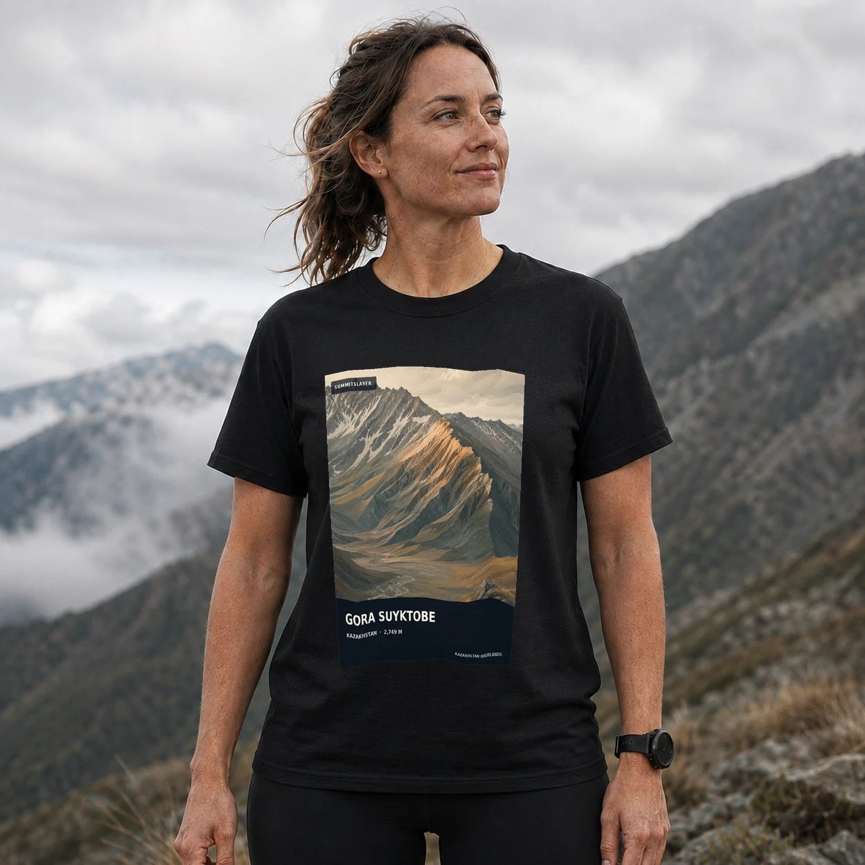 Black Gora Suyktobe T-shirt front with mountain artwork