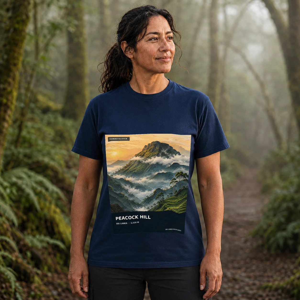 Navy Peacock T-shirt front with mountain artwork