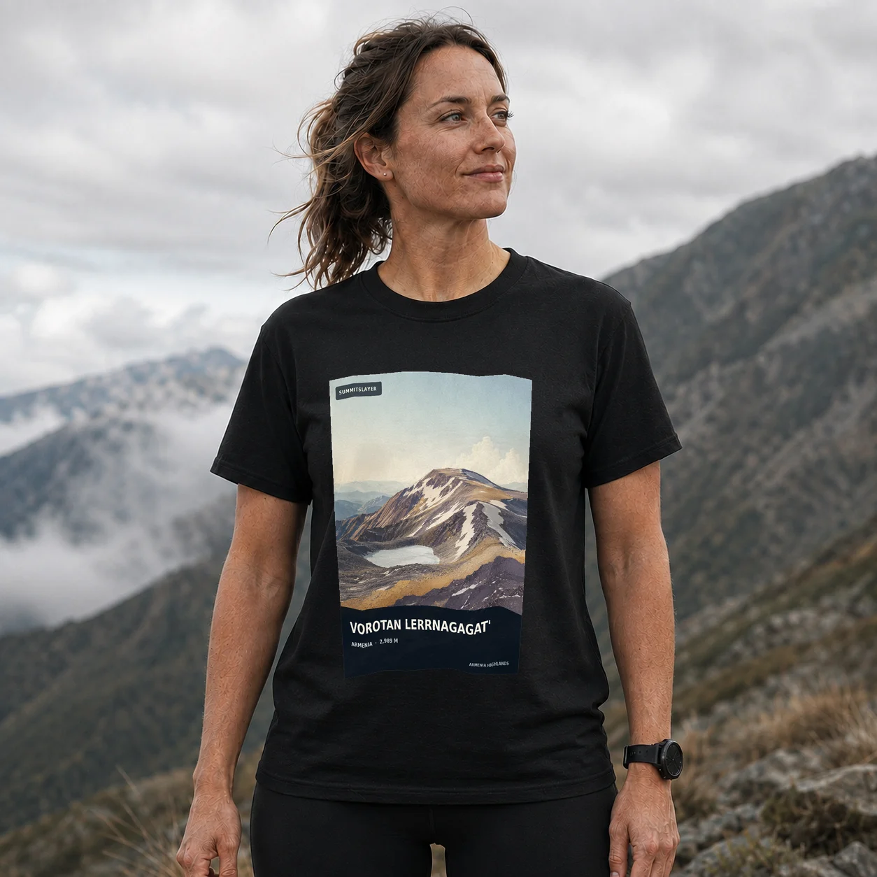 Black Vorotan Lerrnagagat’ T-shirt front with mountain artwork