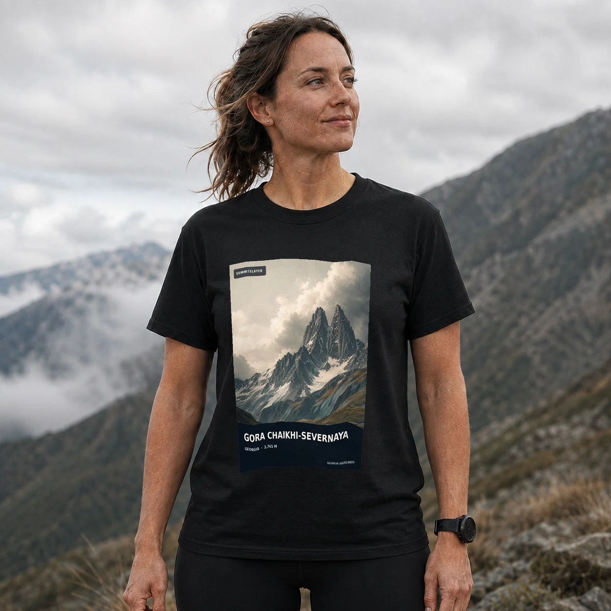 Black Gora Chaikhi-Severnaya T-shirt front with mountain artwork