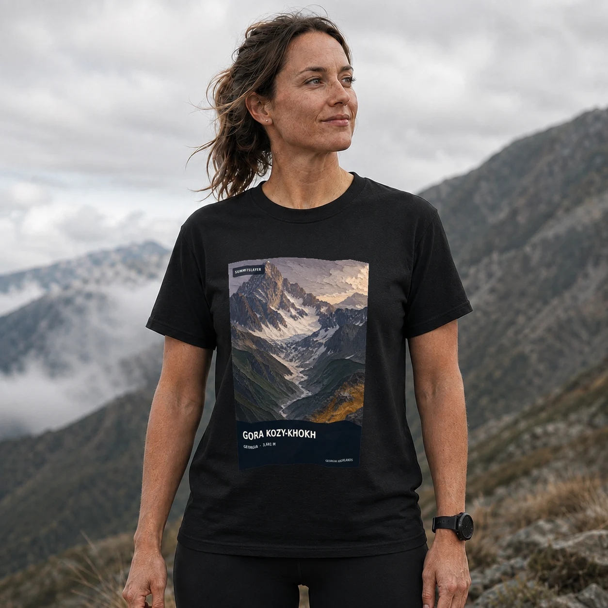 Black Gora Kozy-Khokh T-shirt front with mountain artwork