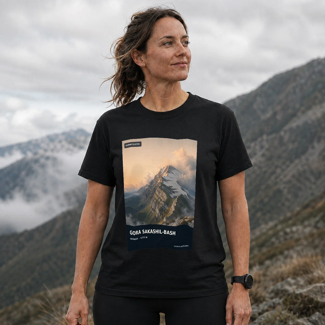 Black Gora Sakashil-Bash T-shirt front with mountain artwork