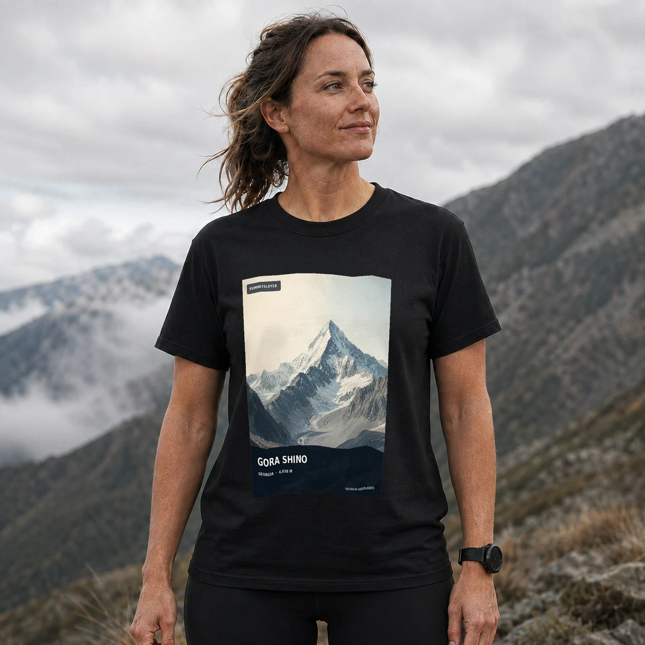 Black Gora Shino T-shirt front with mountain artwork