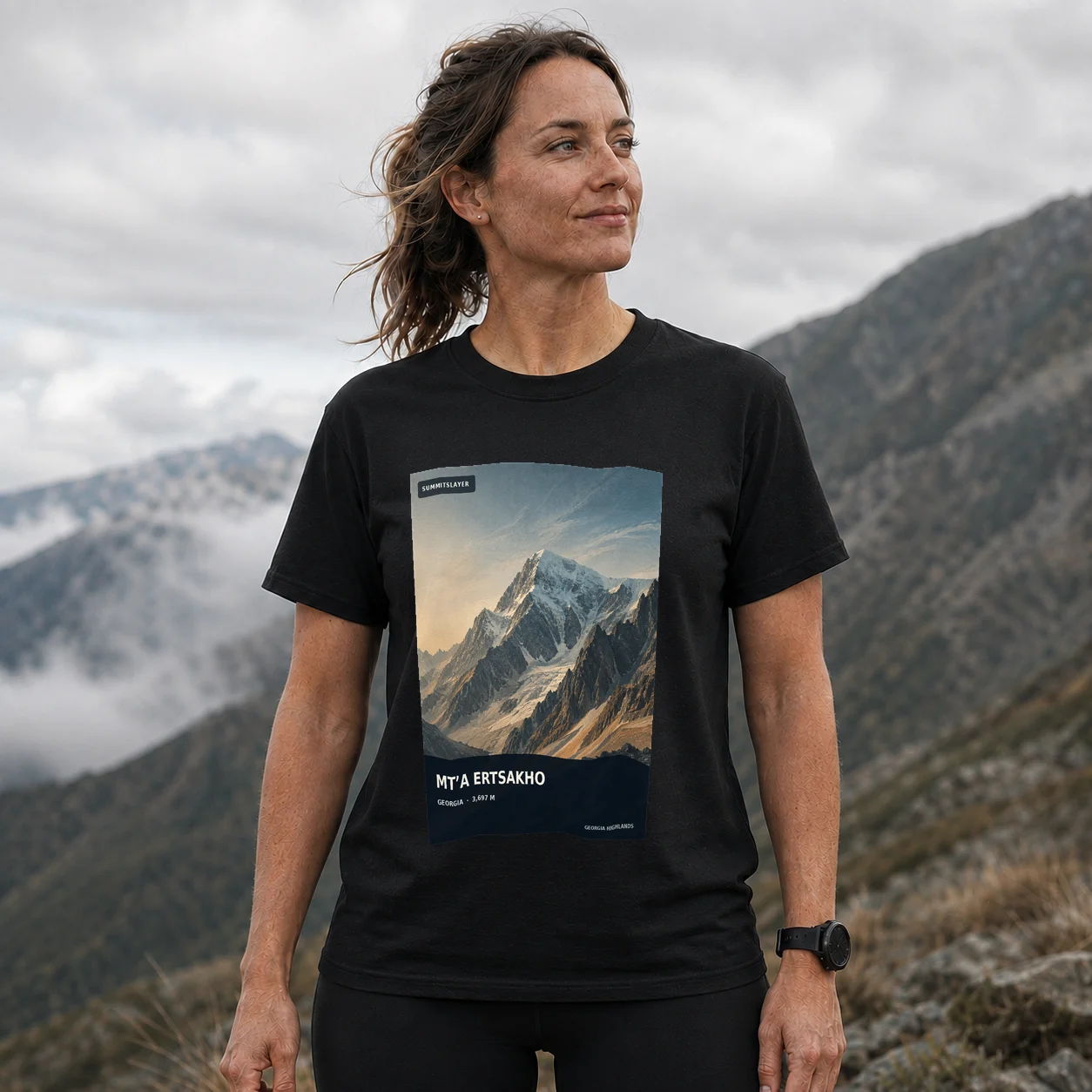 Black Mt’a Ertsakho T-shirt front with mountain artwork