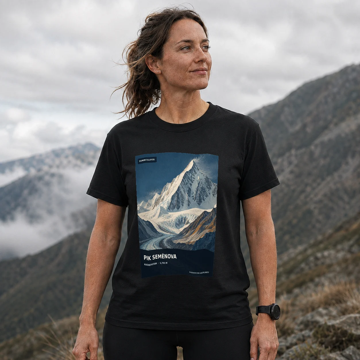 Black Pik Semënova T-shirt front with mountain artwork