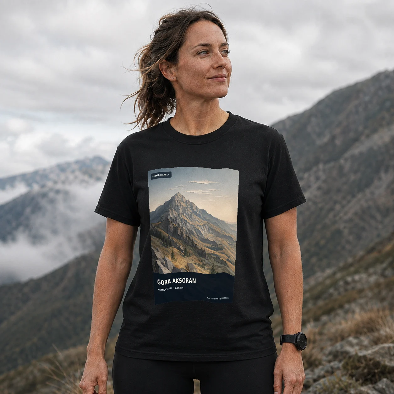 Black Gora Aksoran T-shirt front with mountain artwork