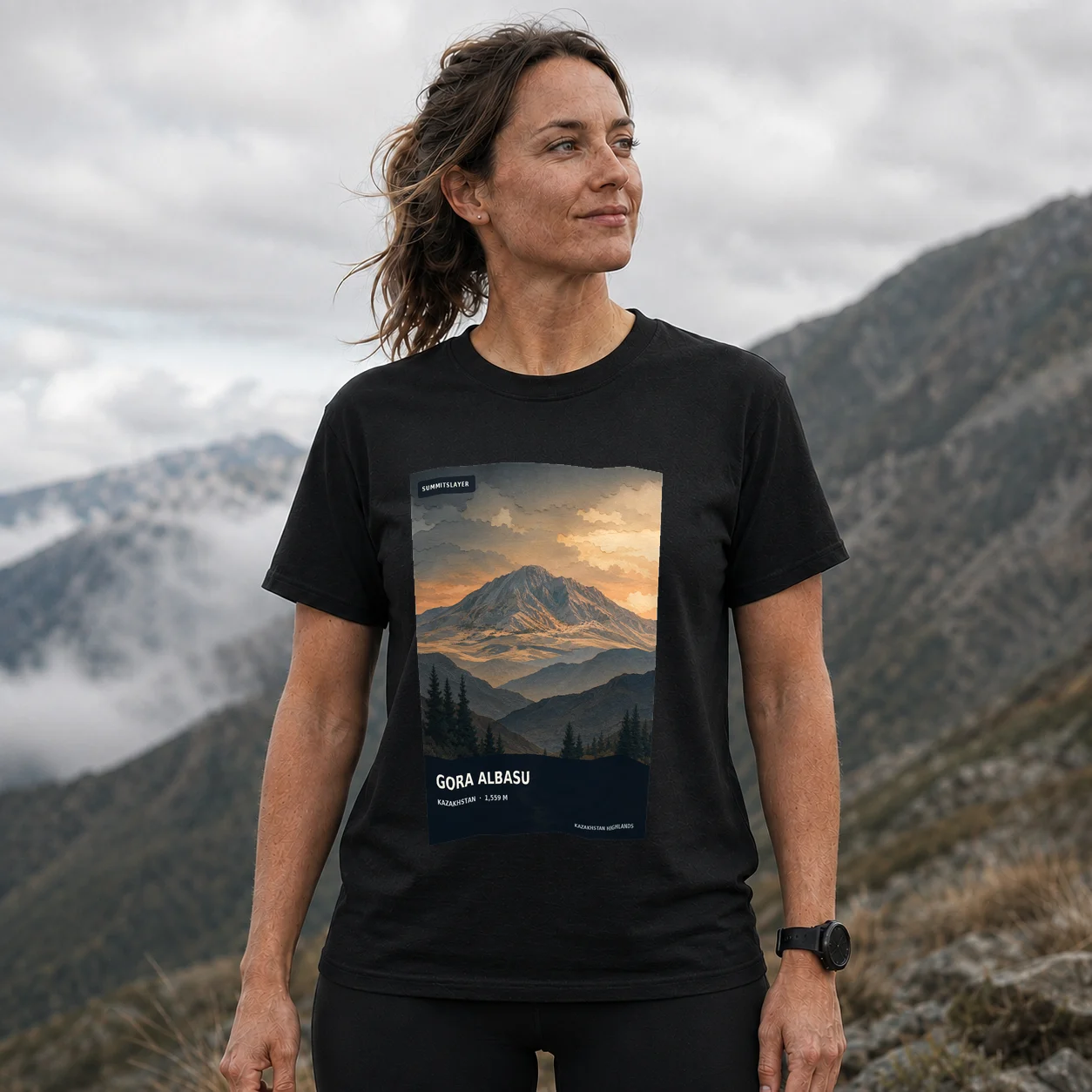 Black Gora Albasu T-shirt front with mountain artwork