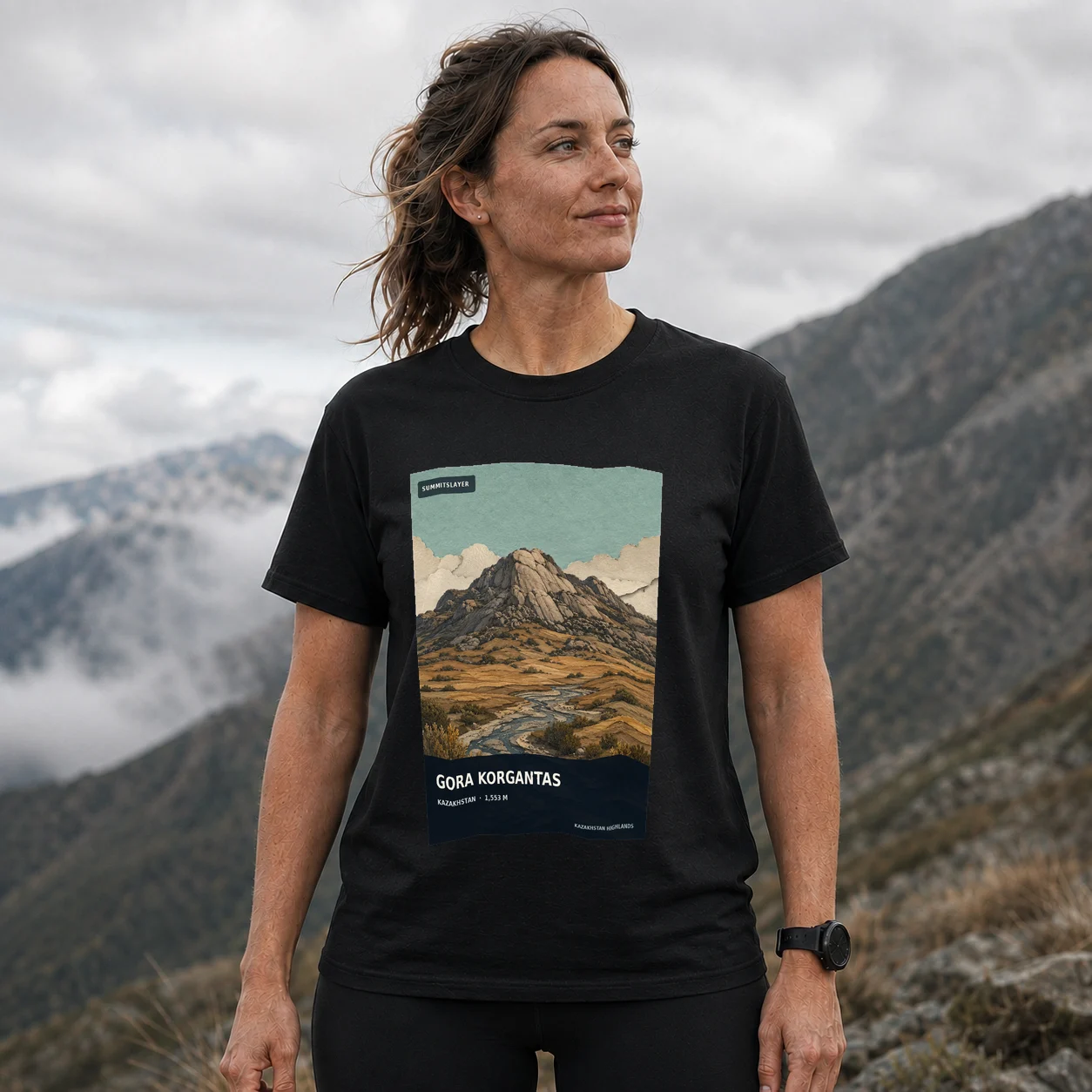 Black Gora Korgantas T-shirt front with mountain artwork