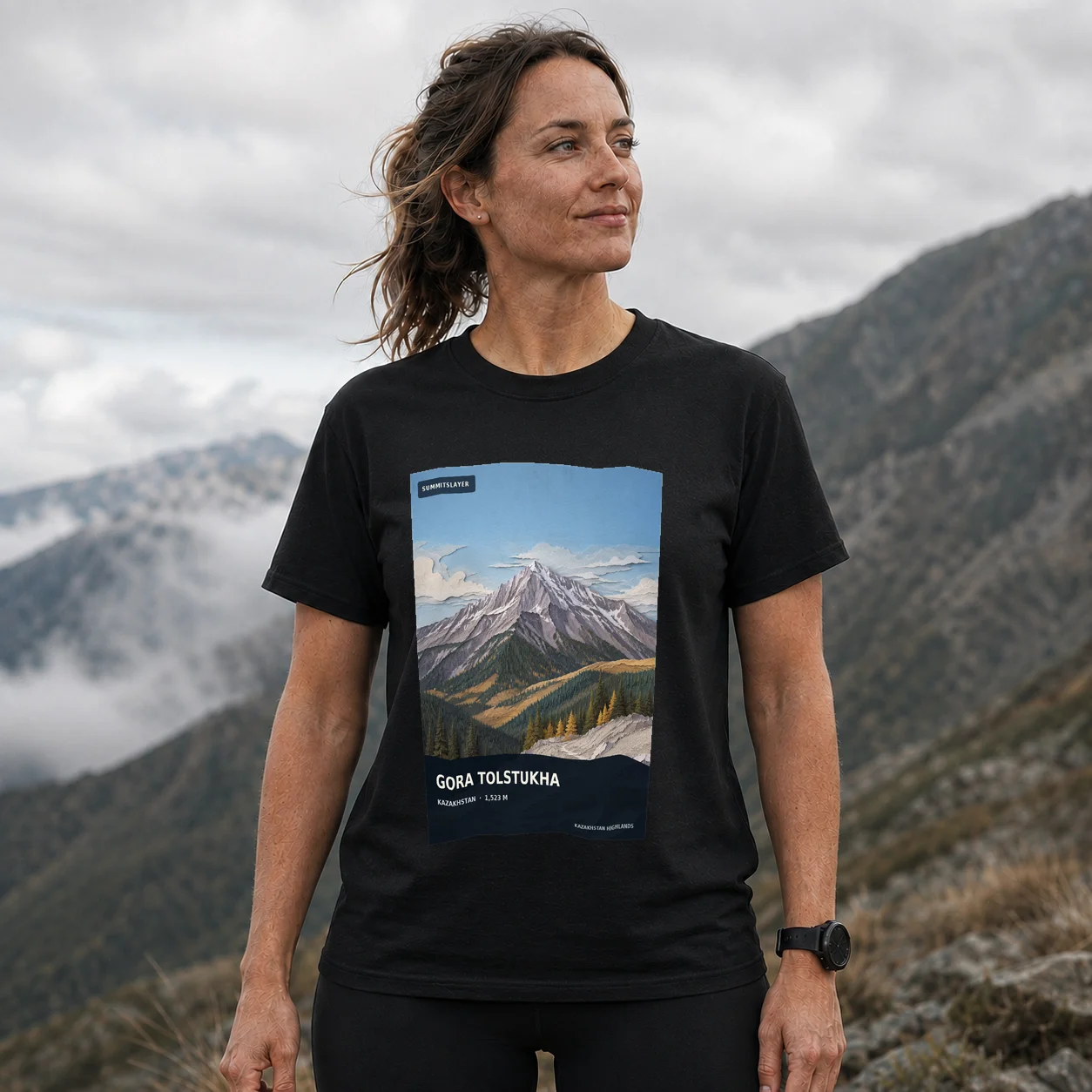 Black Gora Tolstukha T-shirt front with mountain artwork