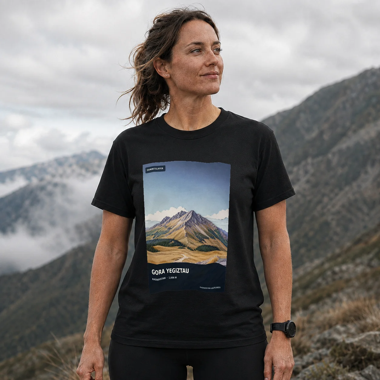 Black Gora Yegiztau T-shirt front with mountain artwork