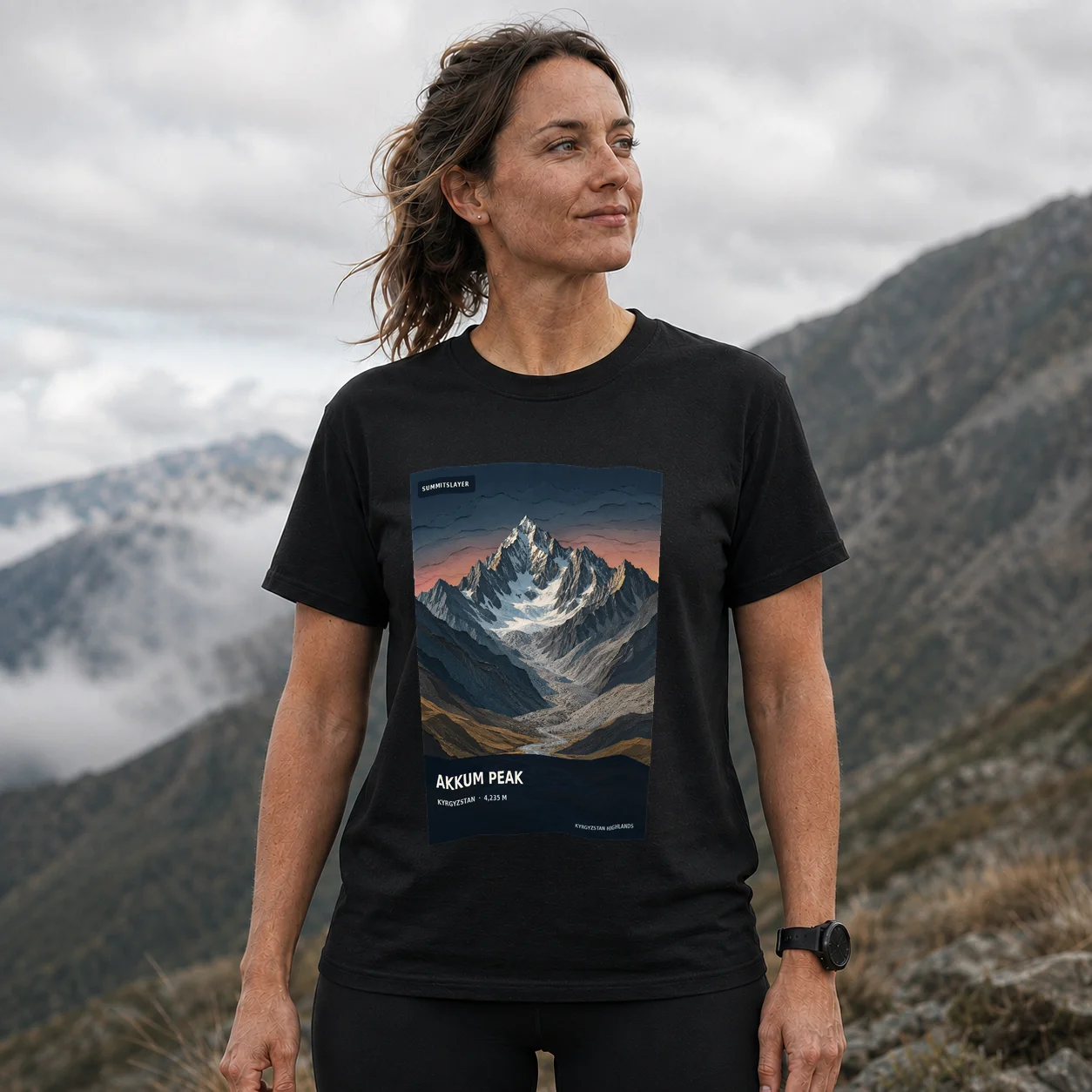 Black Akkum peak T-shirt front with mountain artwork