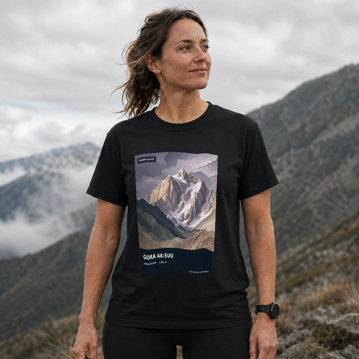 Black Gora Ak-Suu T-shirt front with mountain artwork