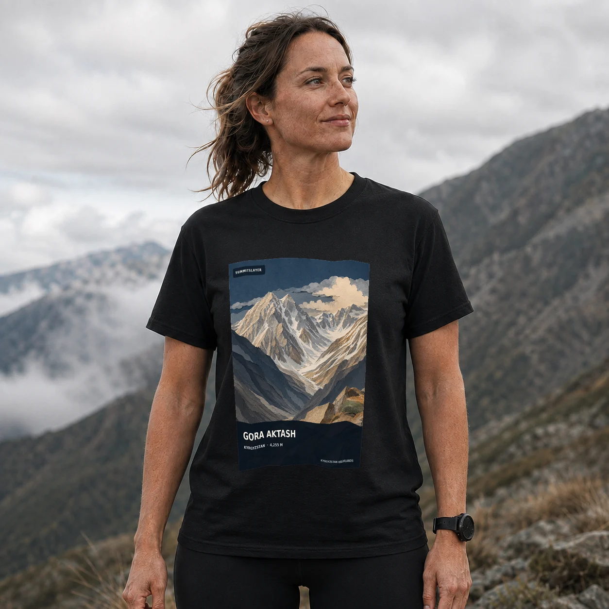 Black Gora Aktash T-shirt front with mountain artwork