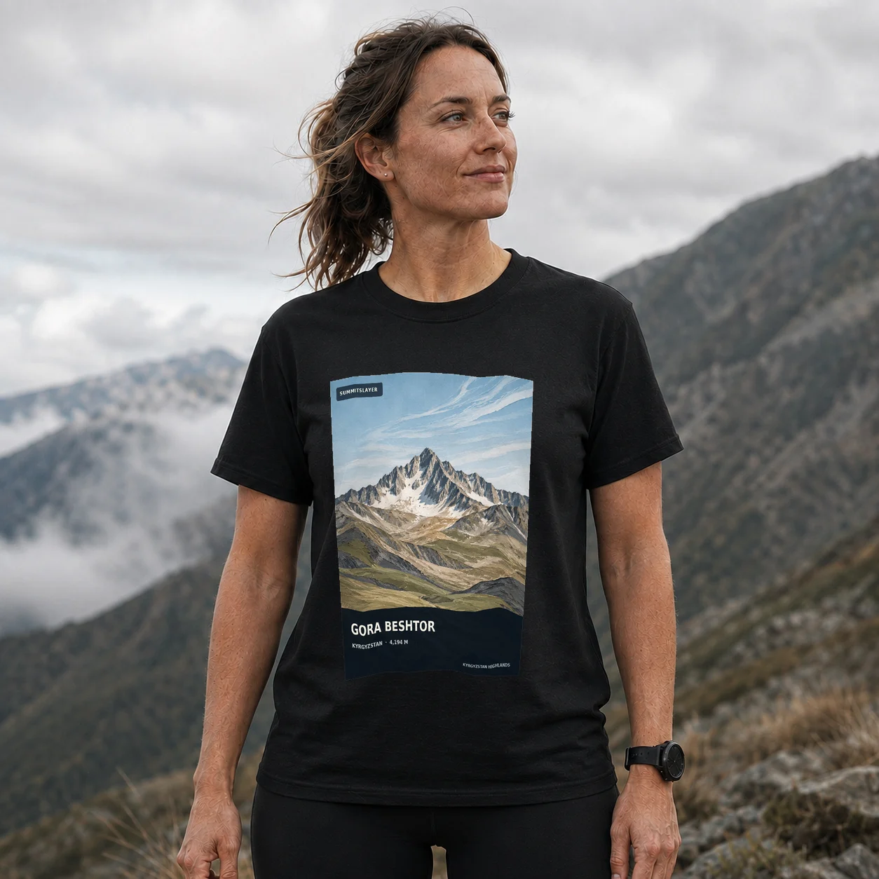 Black Gora Beshtor T-shirt front with mountain artwork