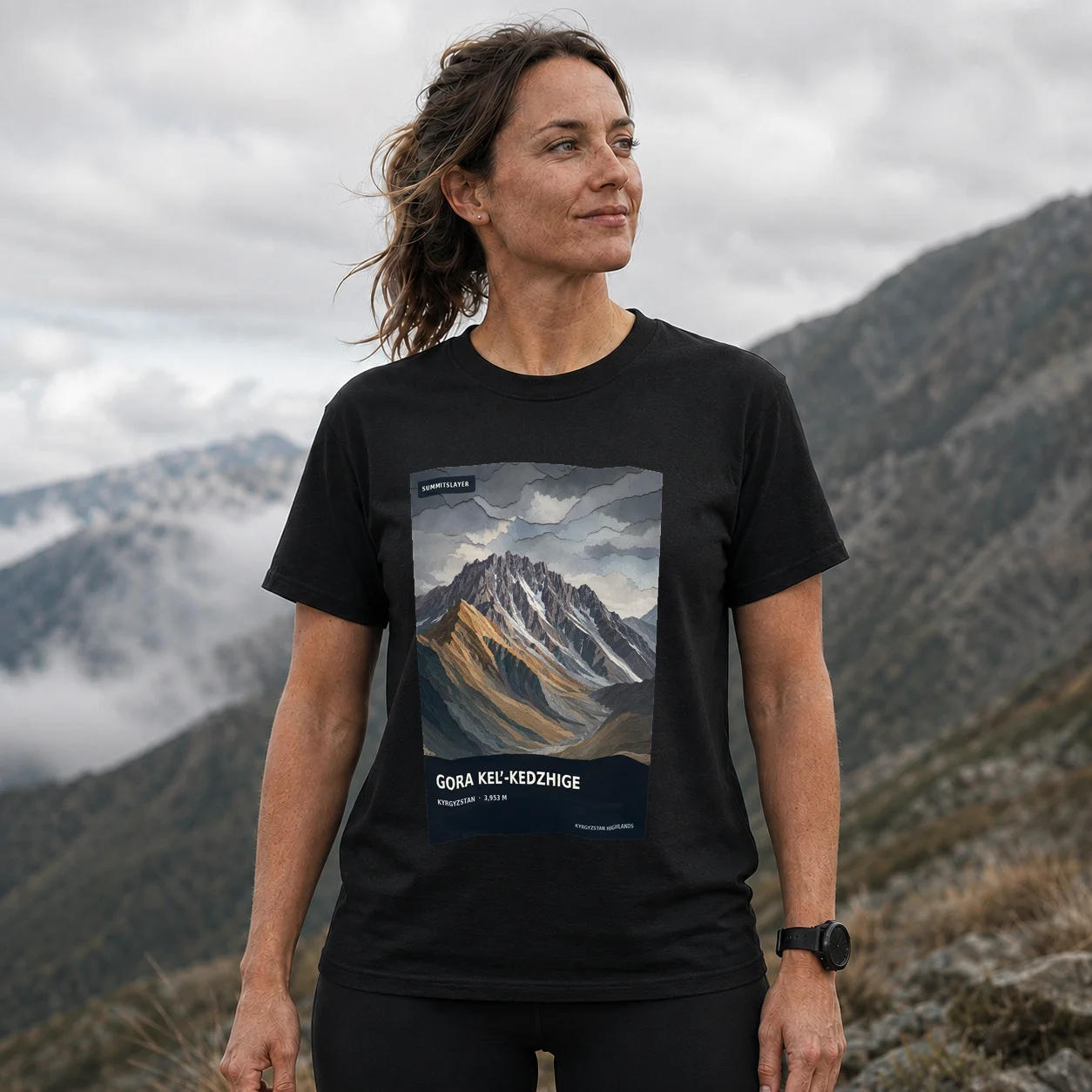 Black Gora Kel’-Kedzhige T-shirt front with mountain artwork