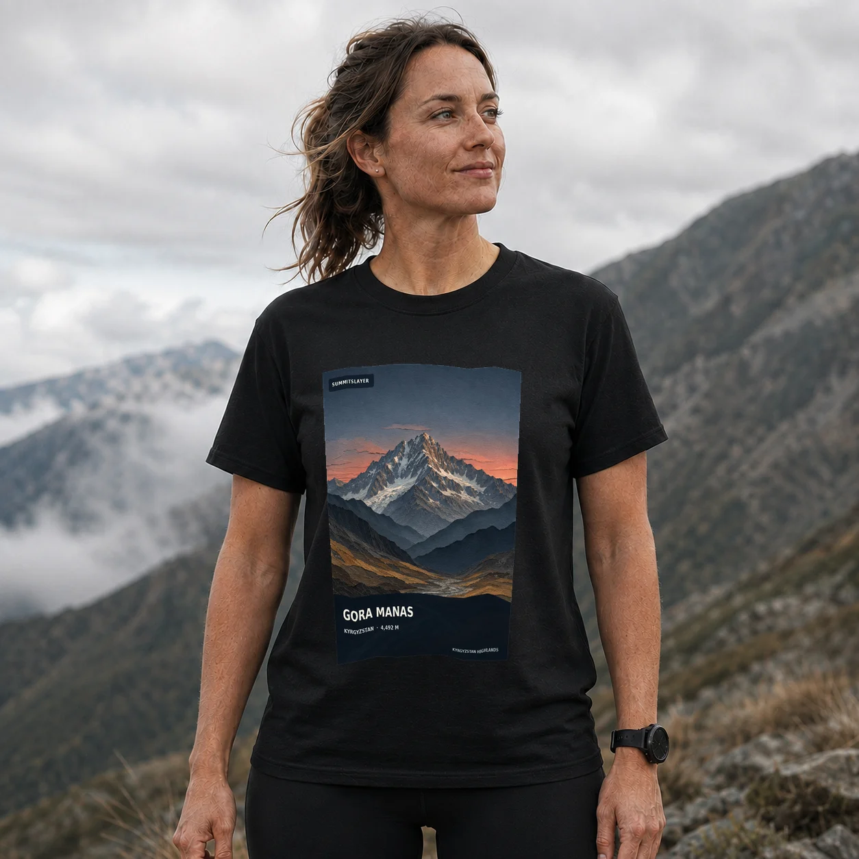 Black Gora Manas T-shirt front with mountain artwork