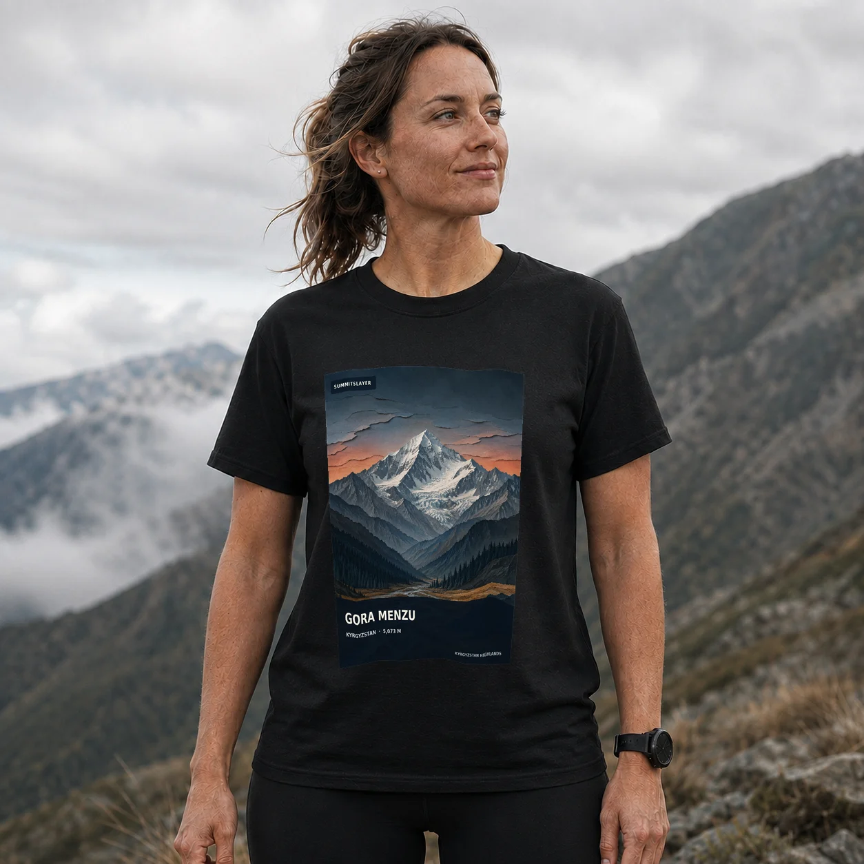 Black Gora Menzu T-shirt front with mountain artwork