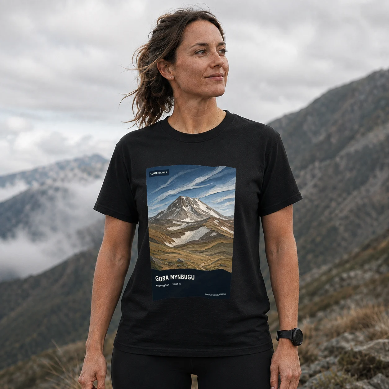 Black Gora Mynbugu T-shirt front with mountain artwork