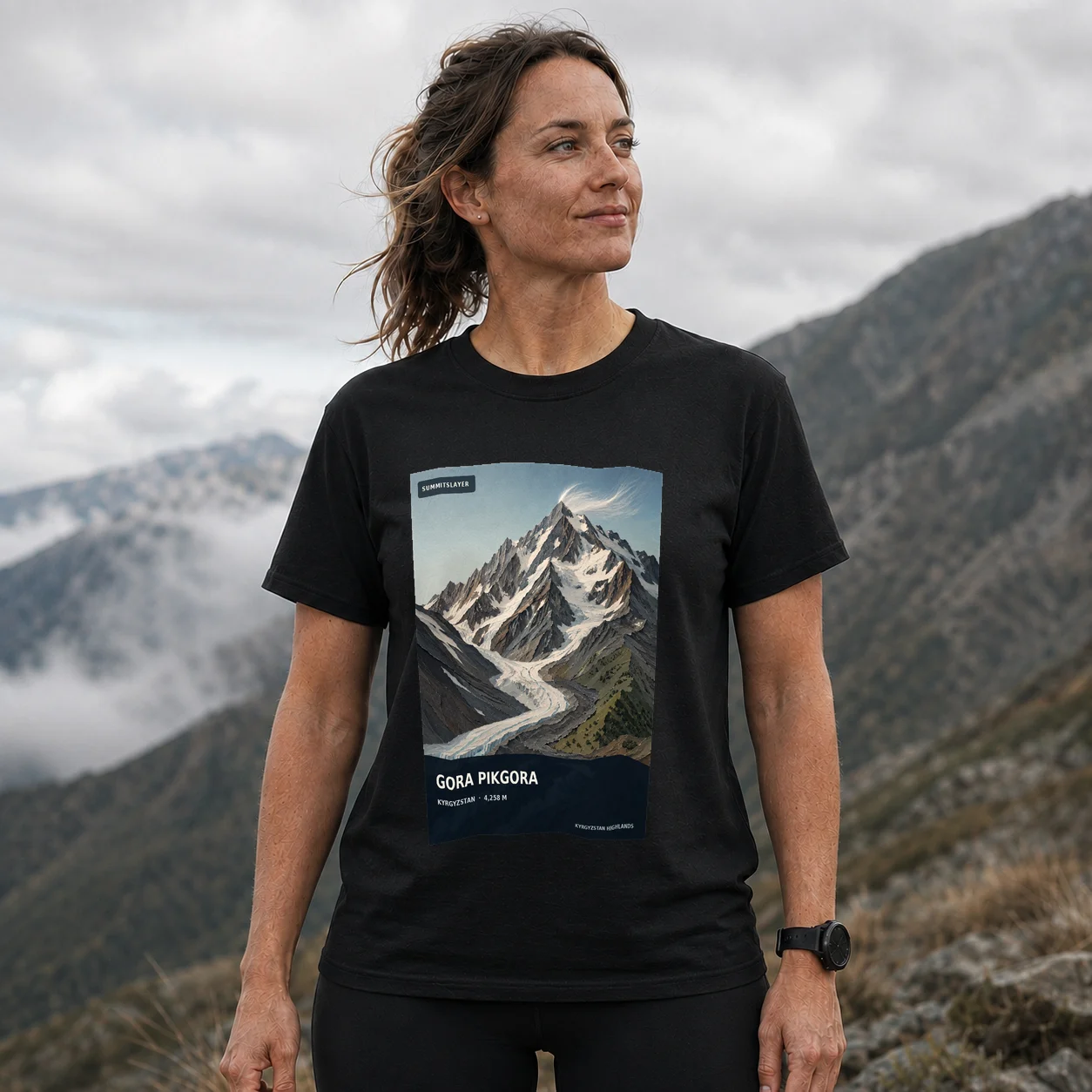 Black Gora Pikgora T-shirt front with mountain artwork