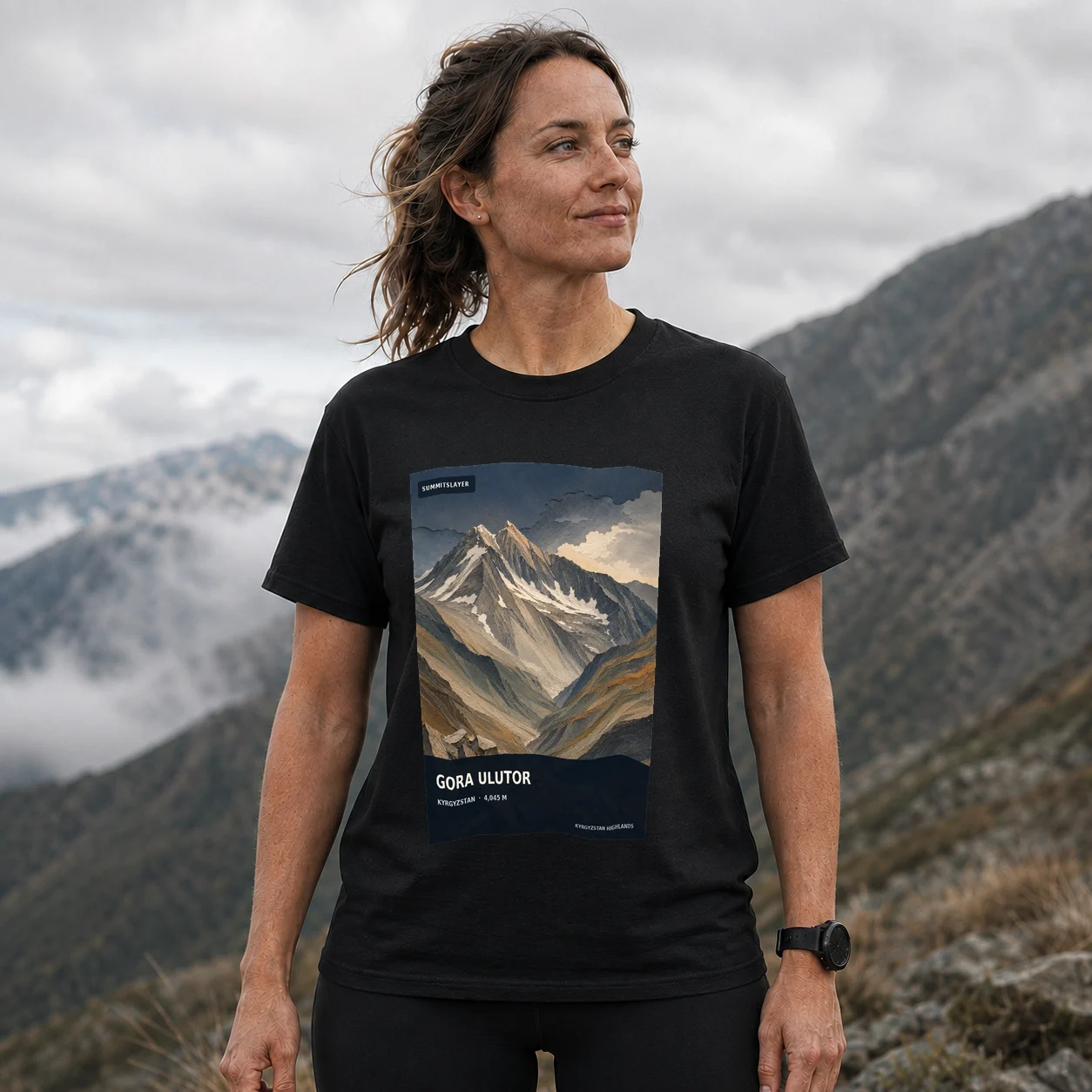Black Gora Ulutor T-shirt front with mountain artwork