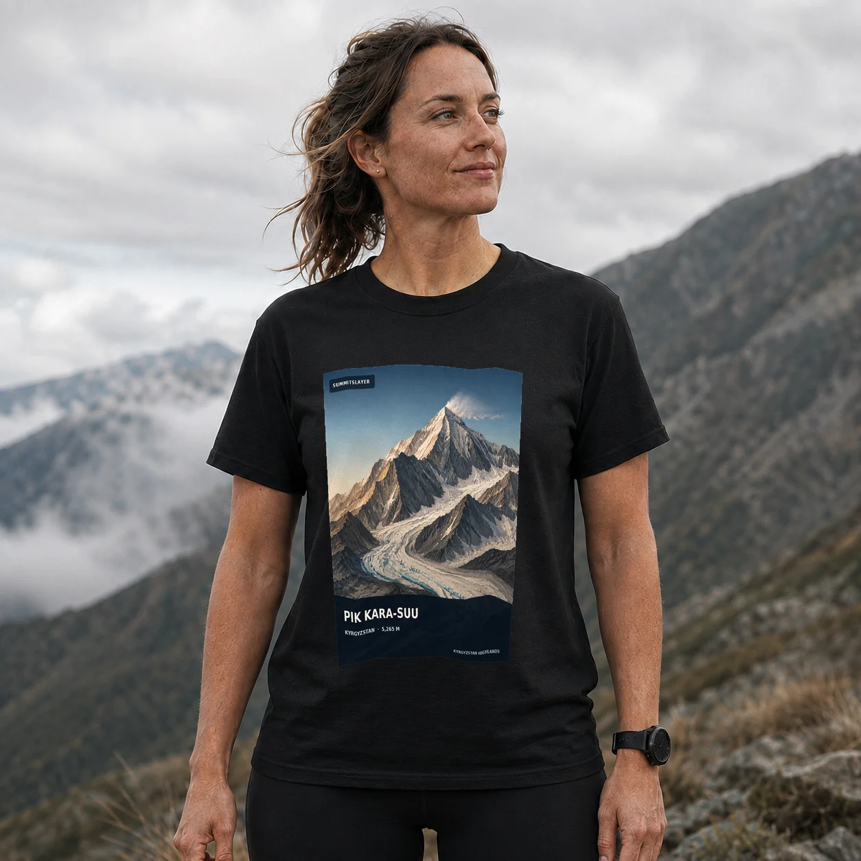 Black Pik Kara-Suu T-shirt front with mountain artwork