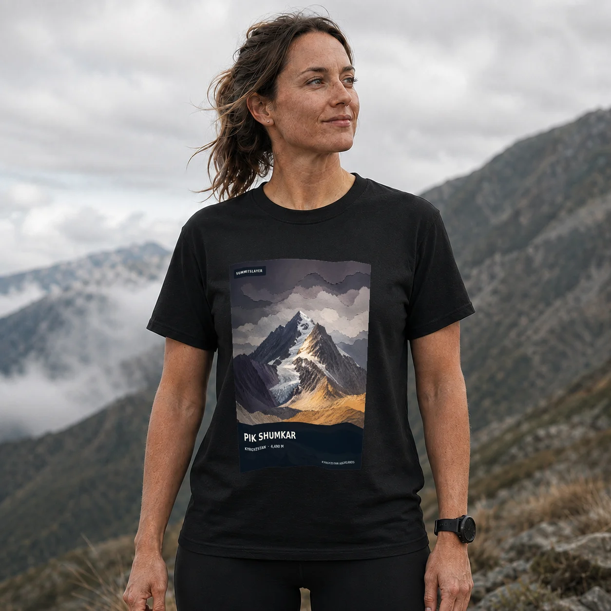Black Pik Shumkar T-shirt front with mountain artwork