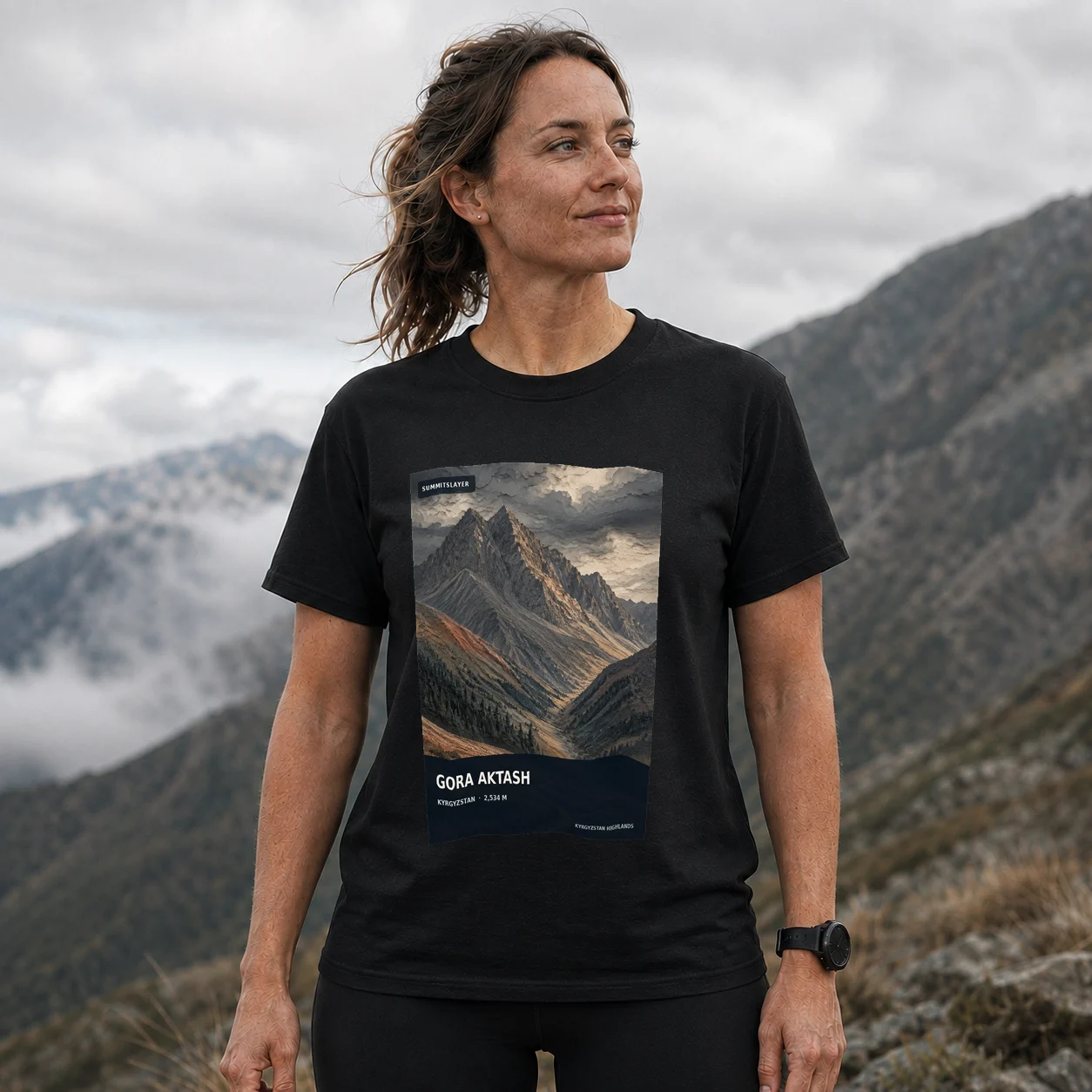 Black Gora Aktash T-shirt front with mountain artwork