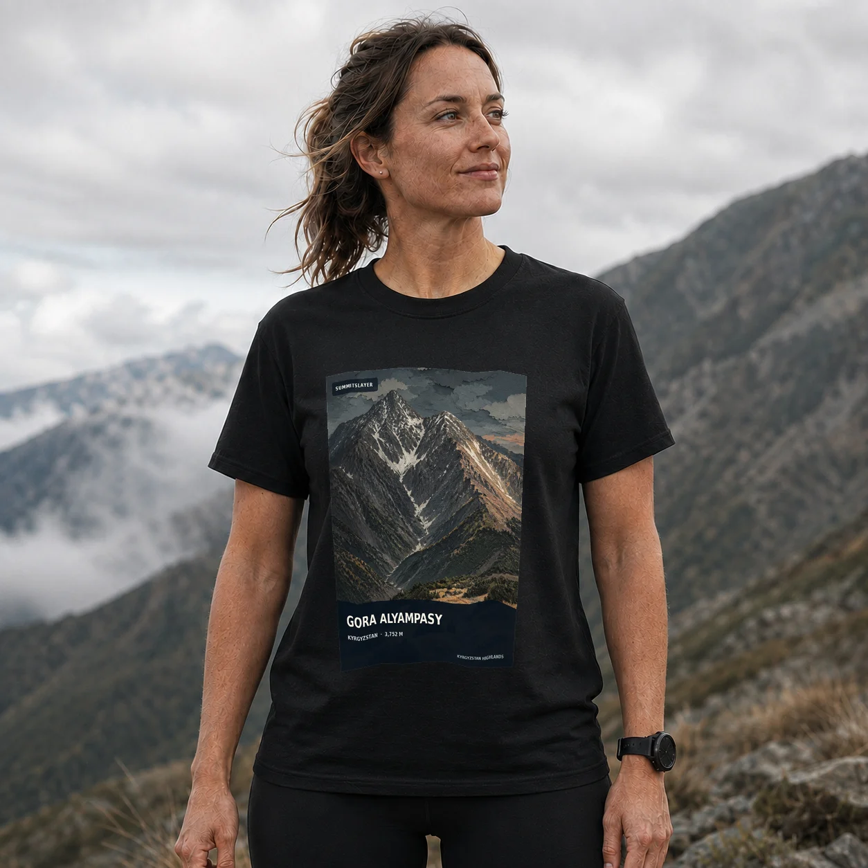 Black Gora Alyampasy T-shirt front with mountain artwork