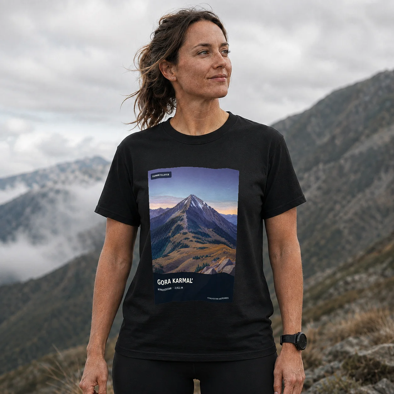 Black Gora Karmal’ T-shirt front with mountain artwork