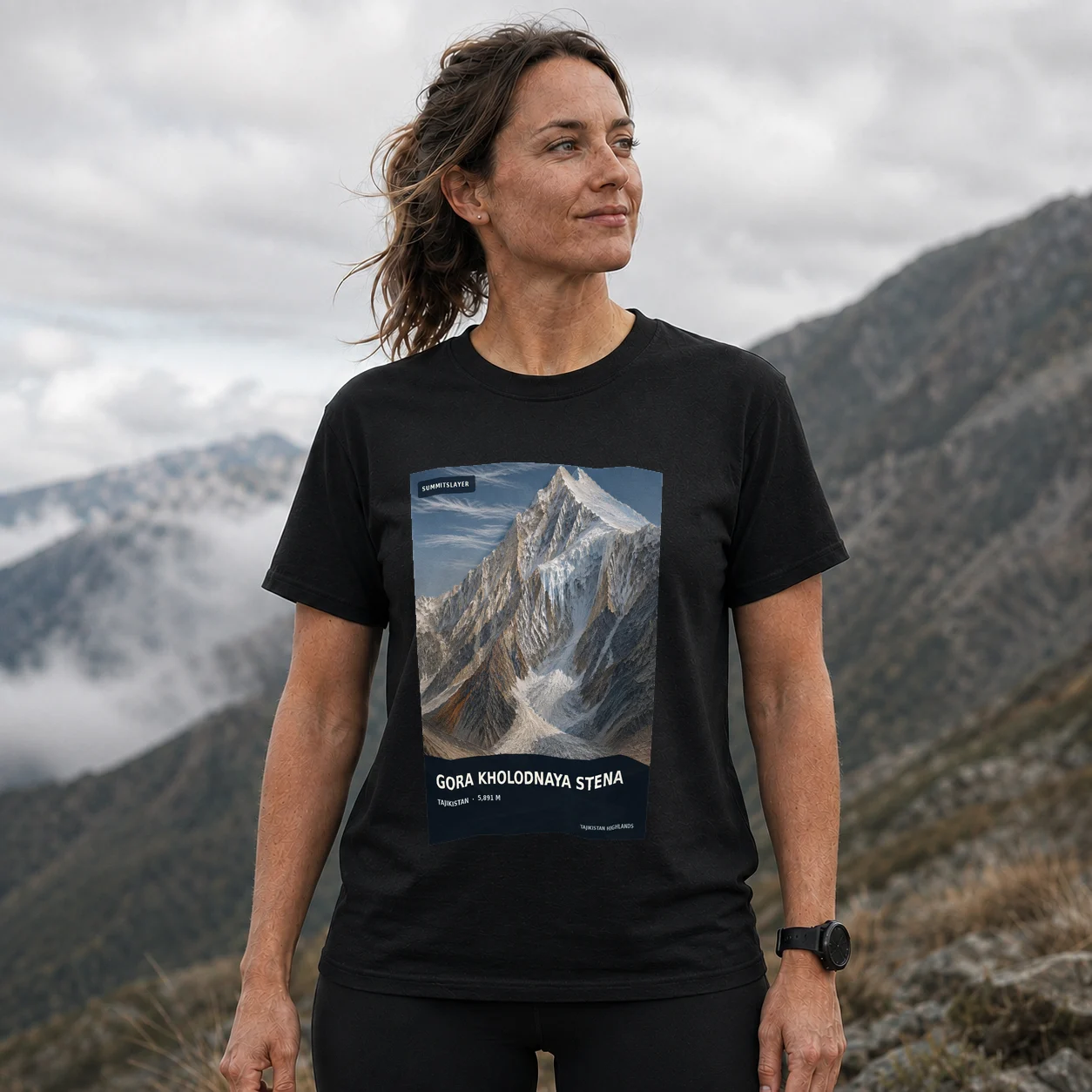 Black Gora Kholodnaya Stena T-shirt front with mountain artwork