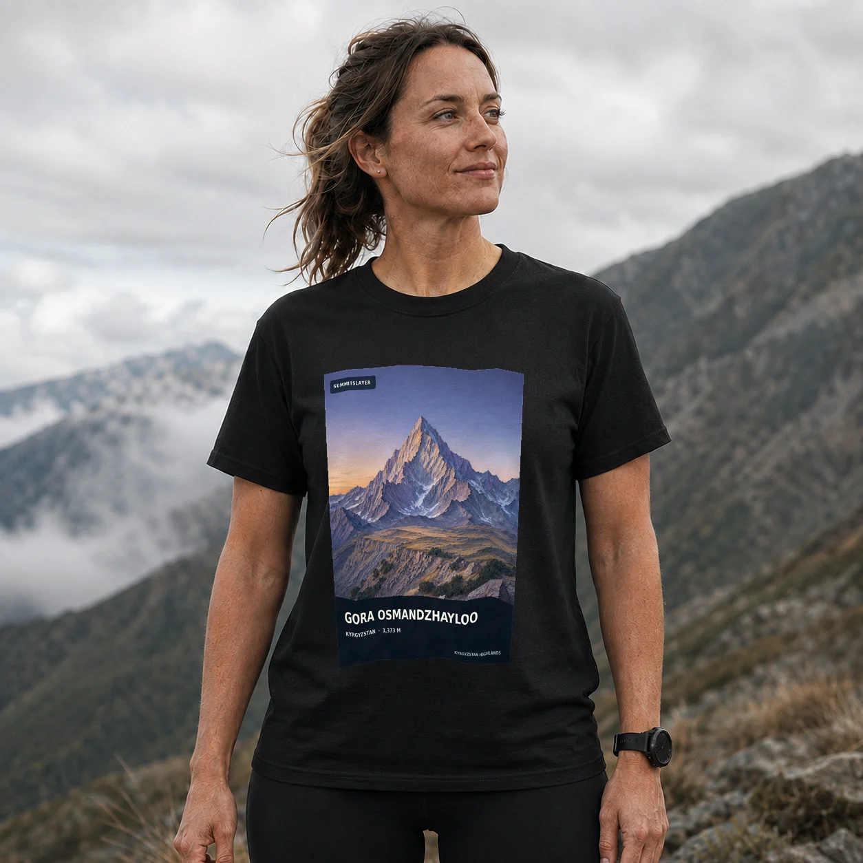 Black Gora Osmandzhayloo T-shirt front with mountain artwork