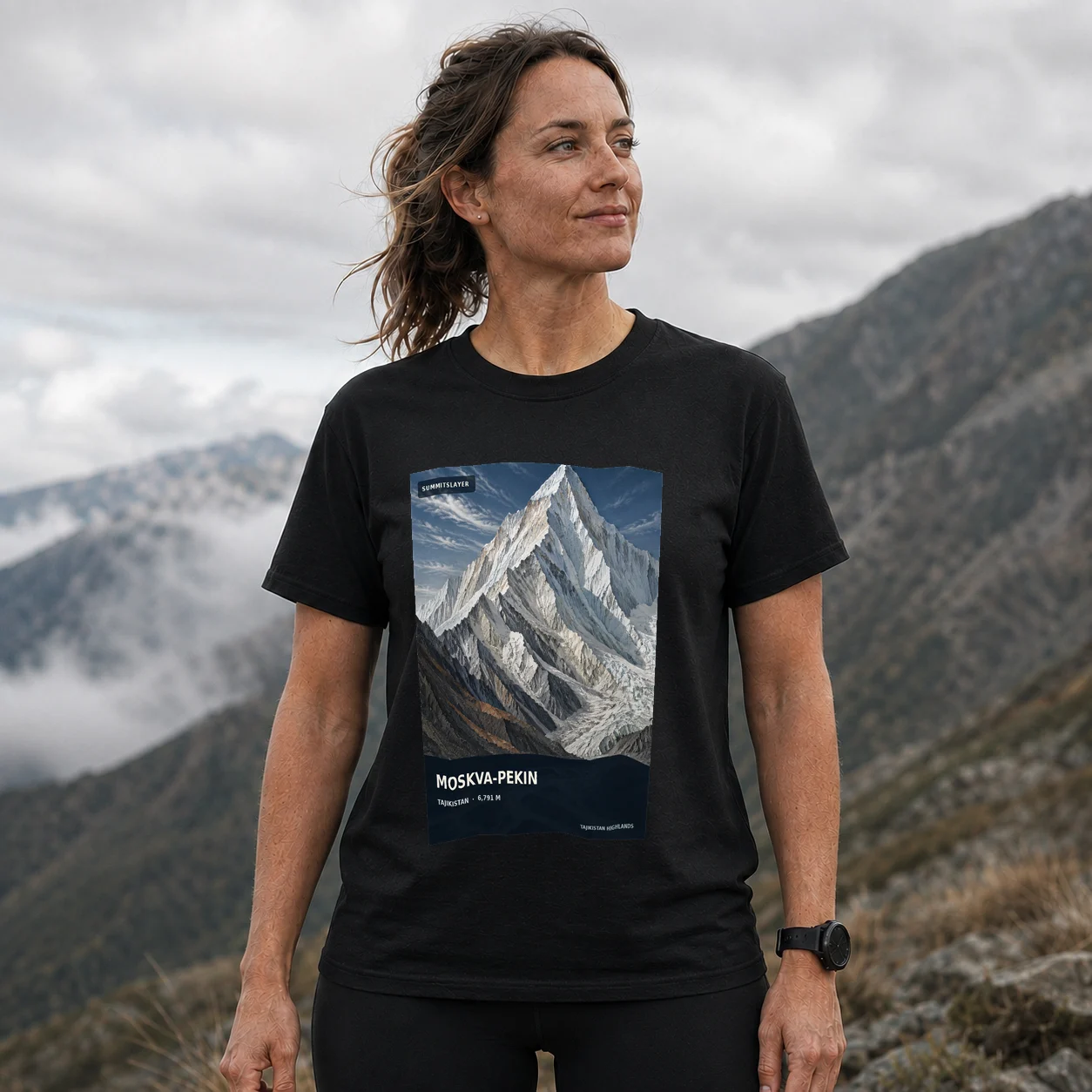 Black Moskva-Pekin T-shirt front with mountain artwork