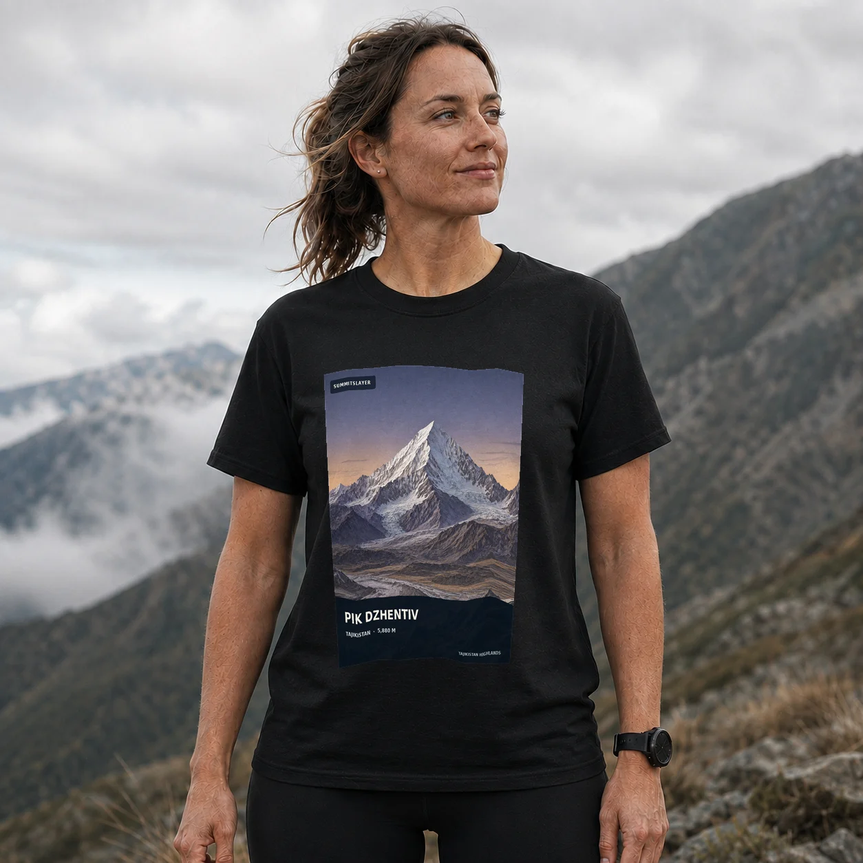 Black Pik Dzhentiv T-shirt front with mountain artwork