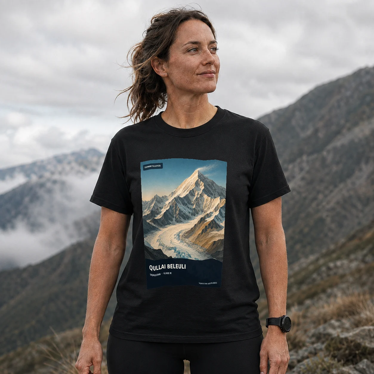 Black Qullai Beleuli T-shirt front with mountain artwork