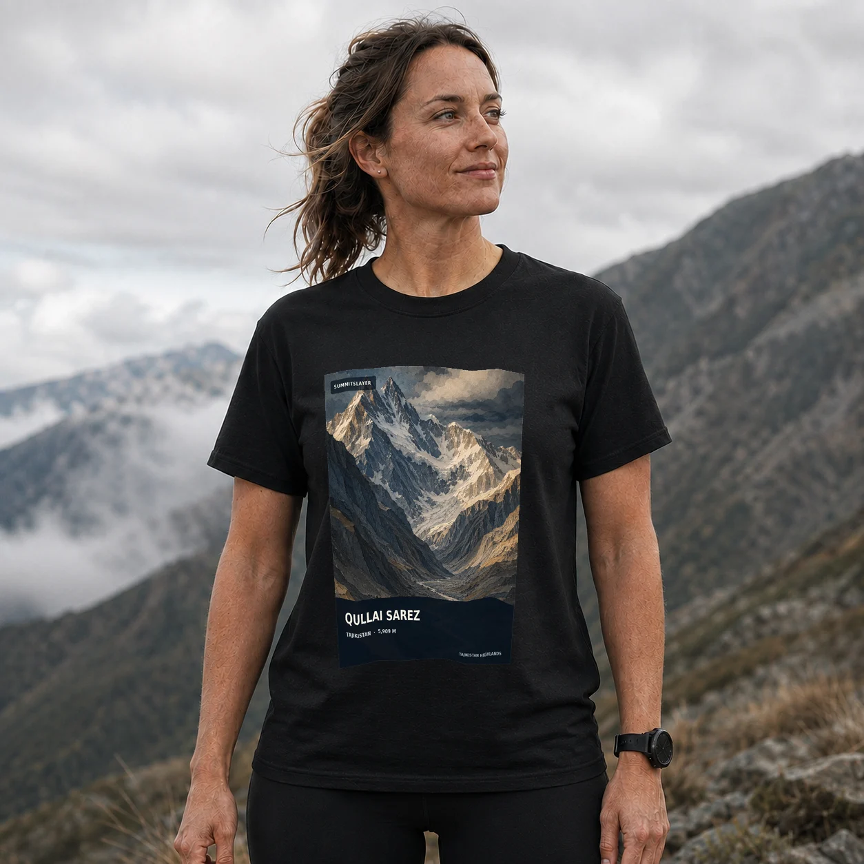 Black Qullai Sarez T-shirt front with mountain artwork