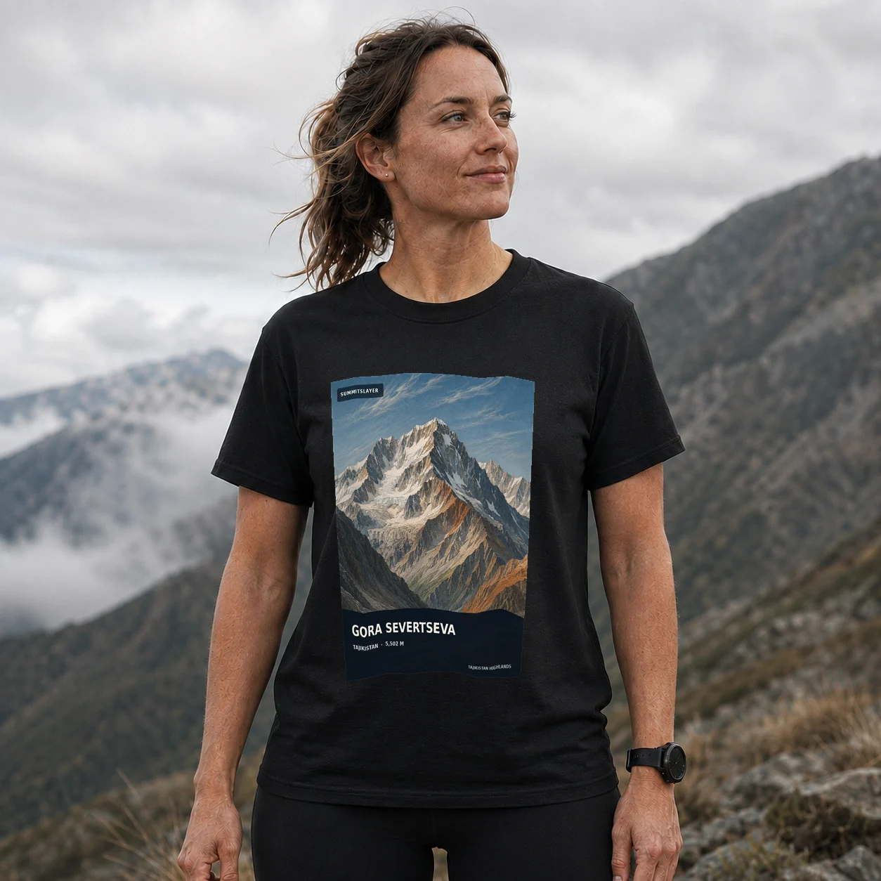 Black Gora Severtseva T-shirt front with mountain artwork