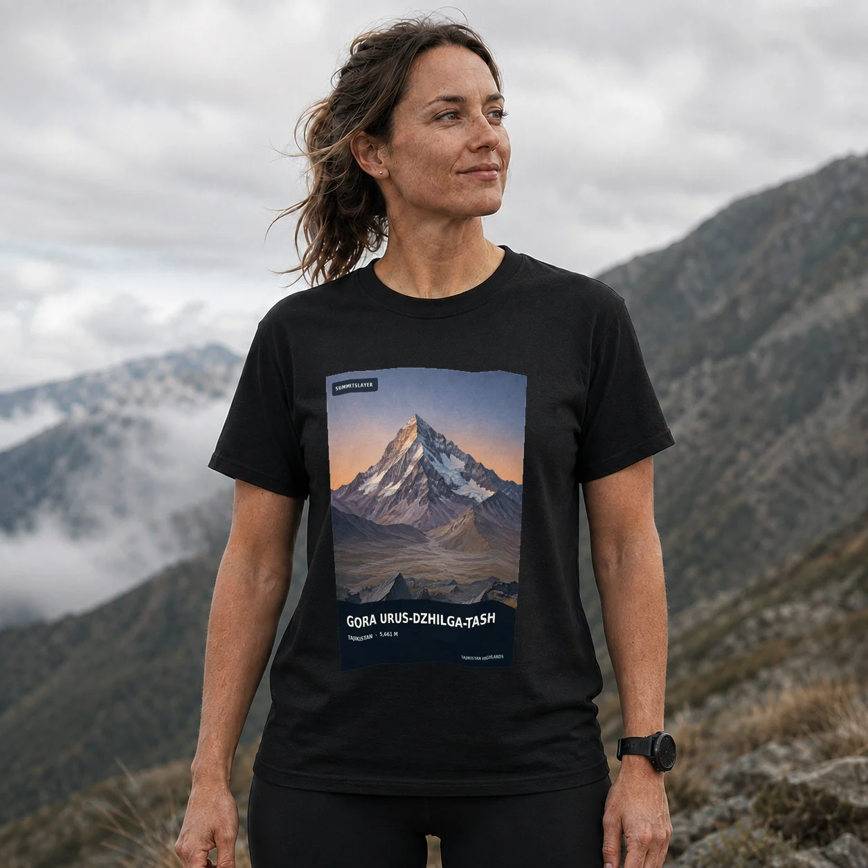 Black Gora Urus-Dzhilga-Tash T-shirt front with mountain artwork