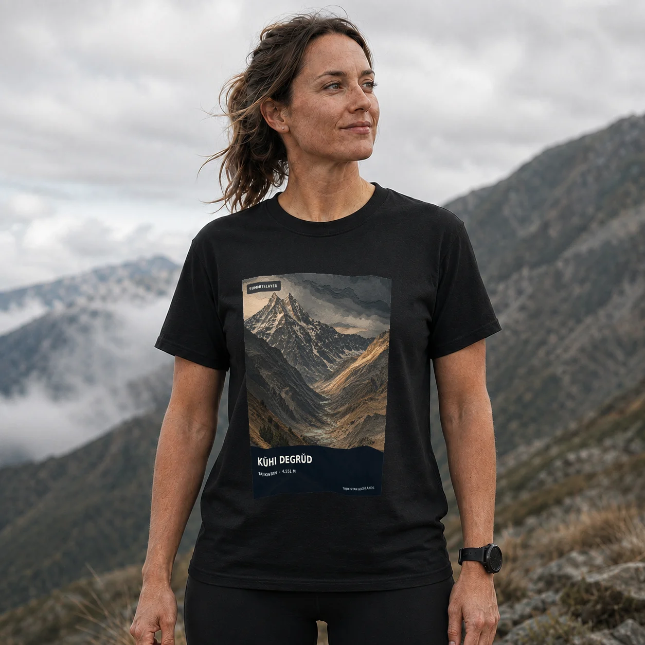Black Kŭhi Degrŭd T-shirt front with mountain artwork