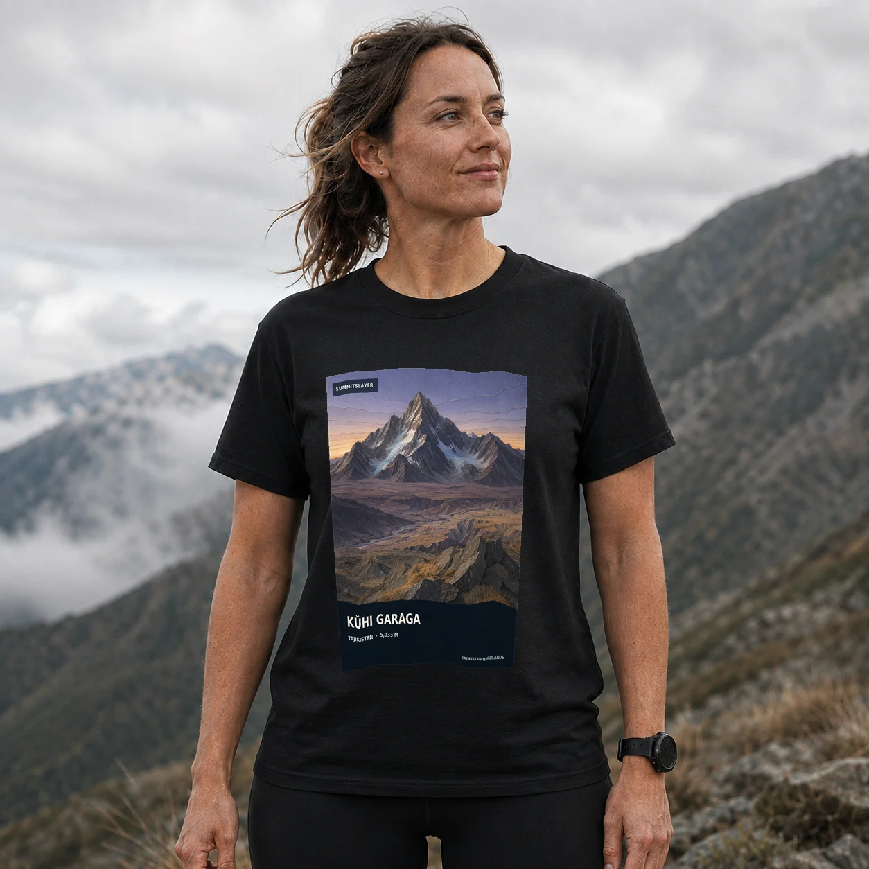 Black Kŭhi Garaga T-shirt front with mountain artwork