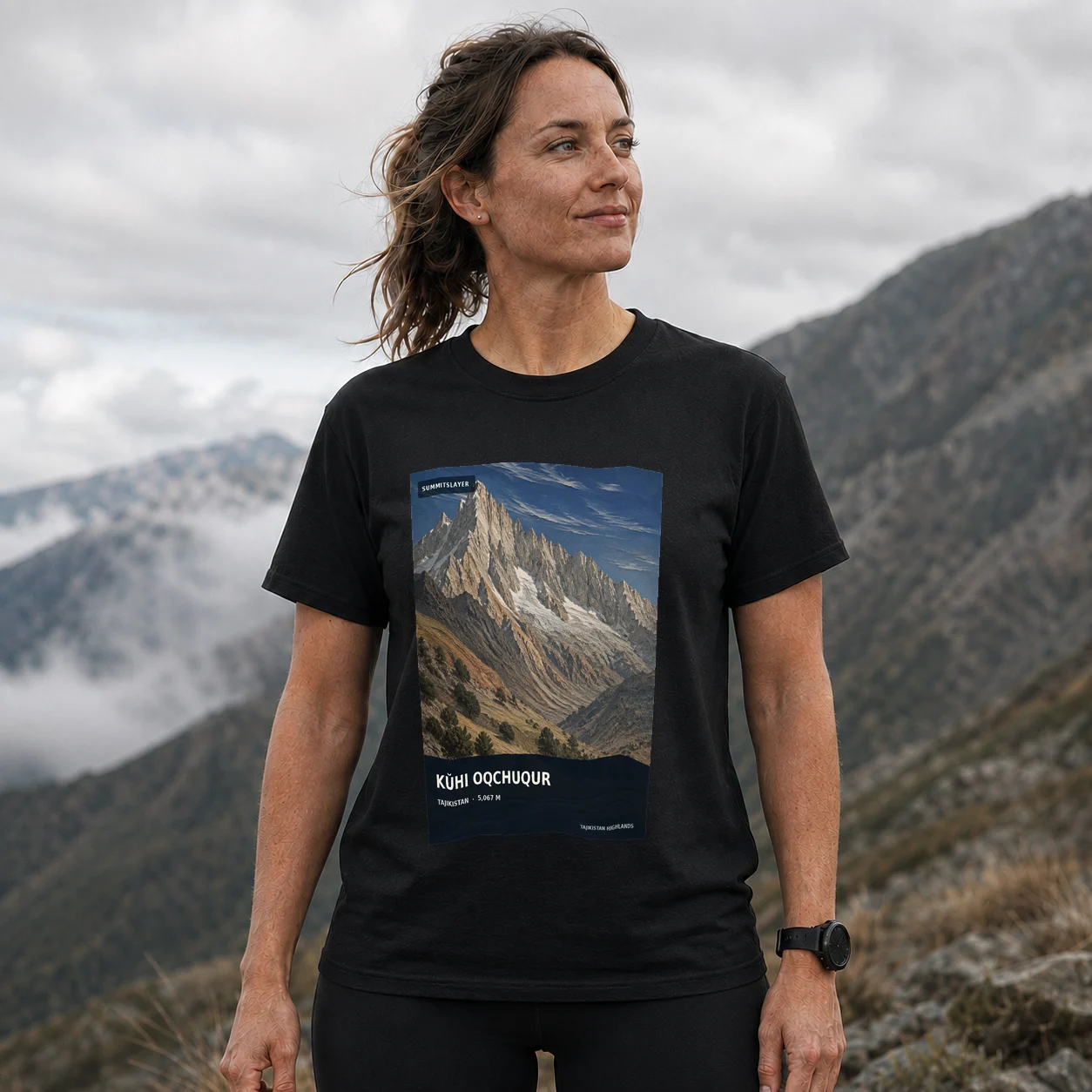 Black Kŭhi Oqchuqur T-shirt front with mountain artwork